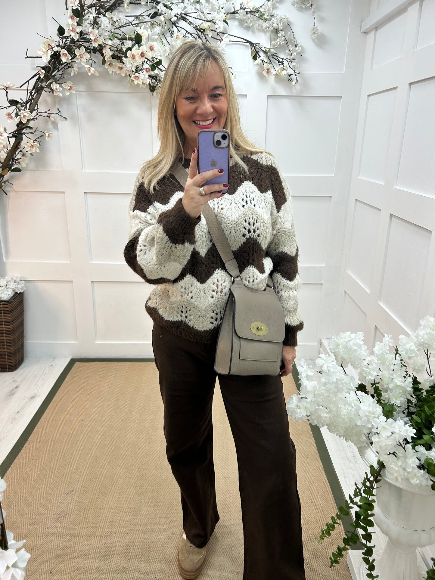 Zandra: Brown zigzag knit jumper. One size 12-20