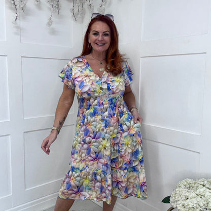 Emmy: Multicoloured stretchy V neck midi dress. One size: 10-20