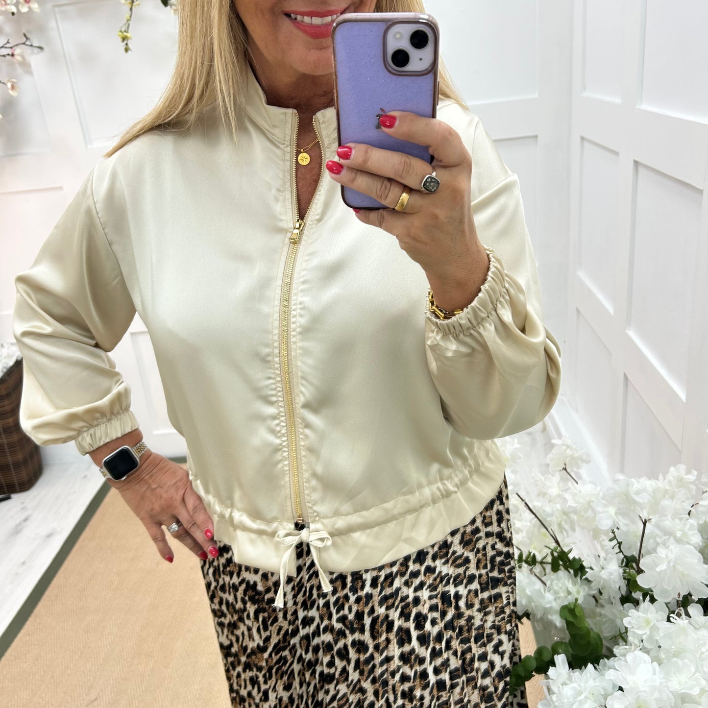 Gigi: Silky gold bomber jacket. One size: 12-18