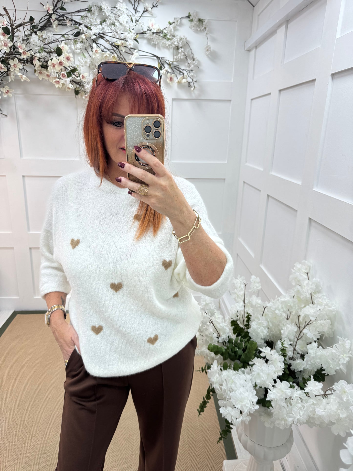 Eleanor: White and mocha heart wool top. One size: 12-18