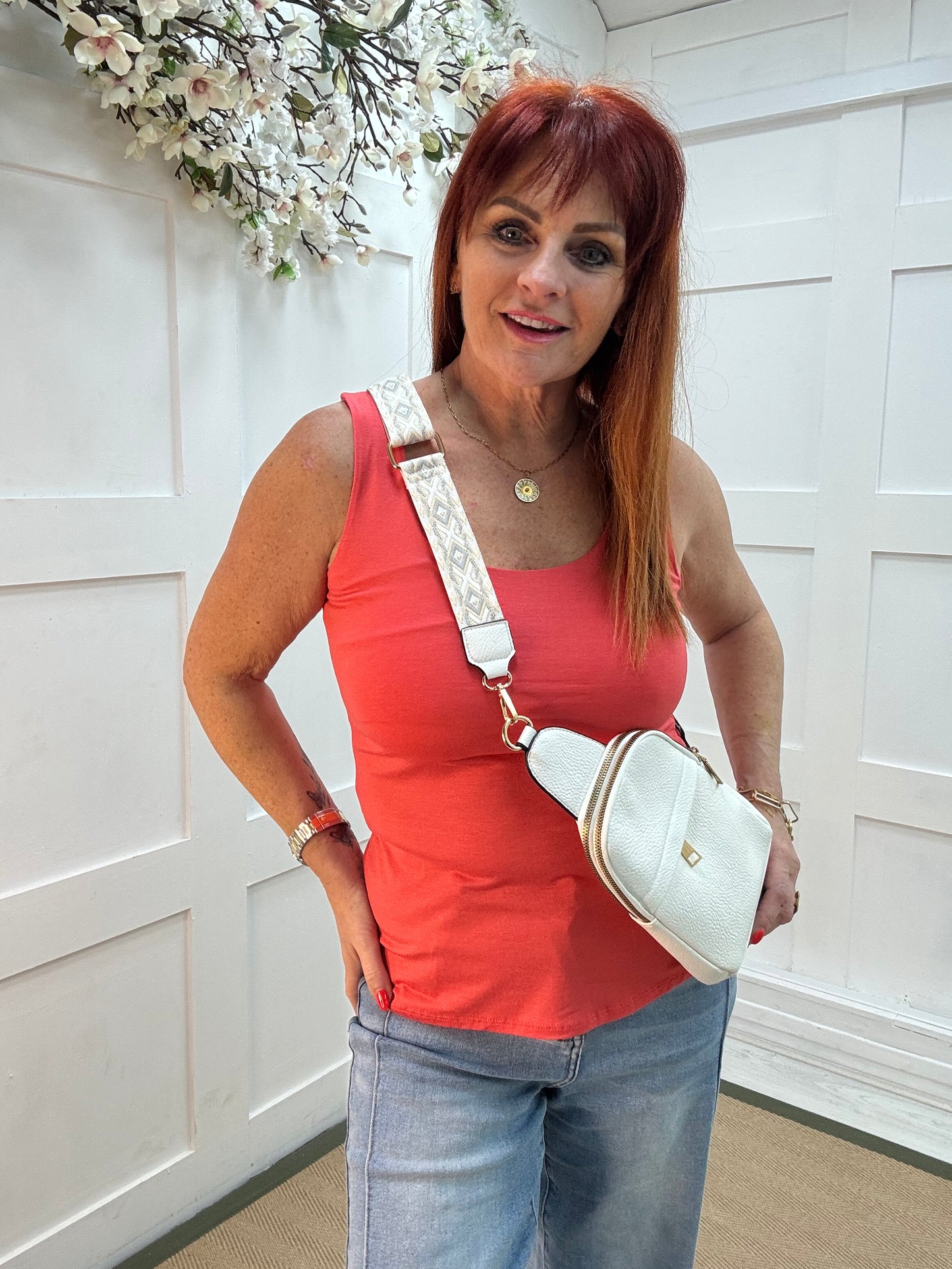 Abigail: Stretchy basic coral vest top. 2 sizes