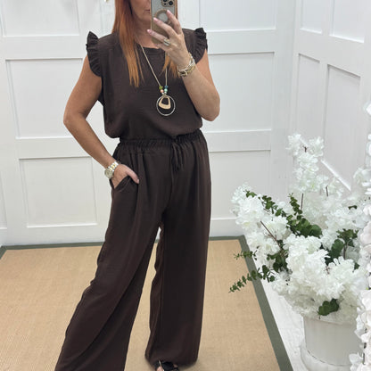 Esme: Brown pocket wide leg trousers. One size: 12-20