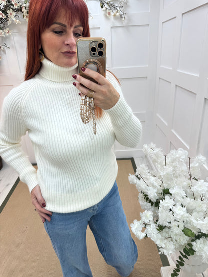 Elsie: Winter white polo neck knit. One size: 12-16