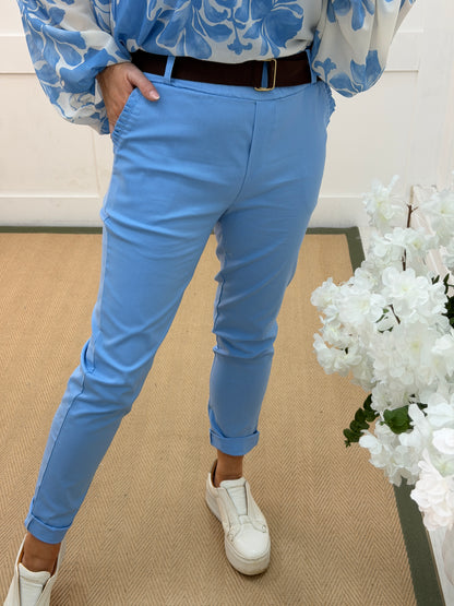 Marley: Blue stretchy frill pocket magic trousers. One Size: 8-14