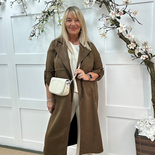 Marina: Brown long suedette trench coat. One size 12-18