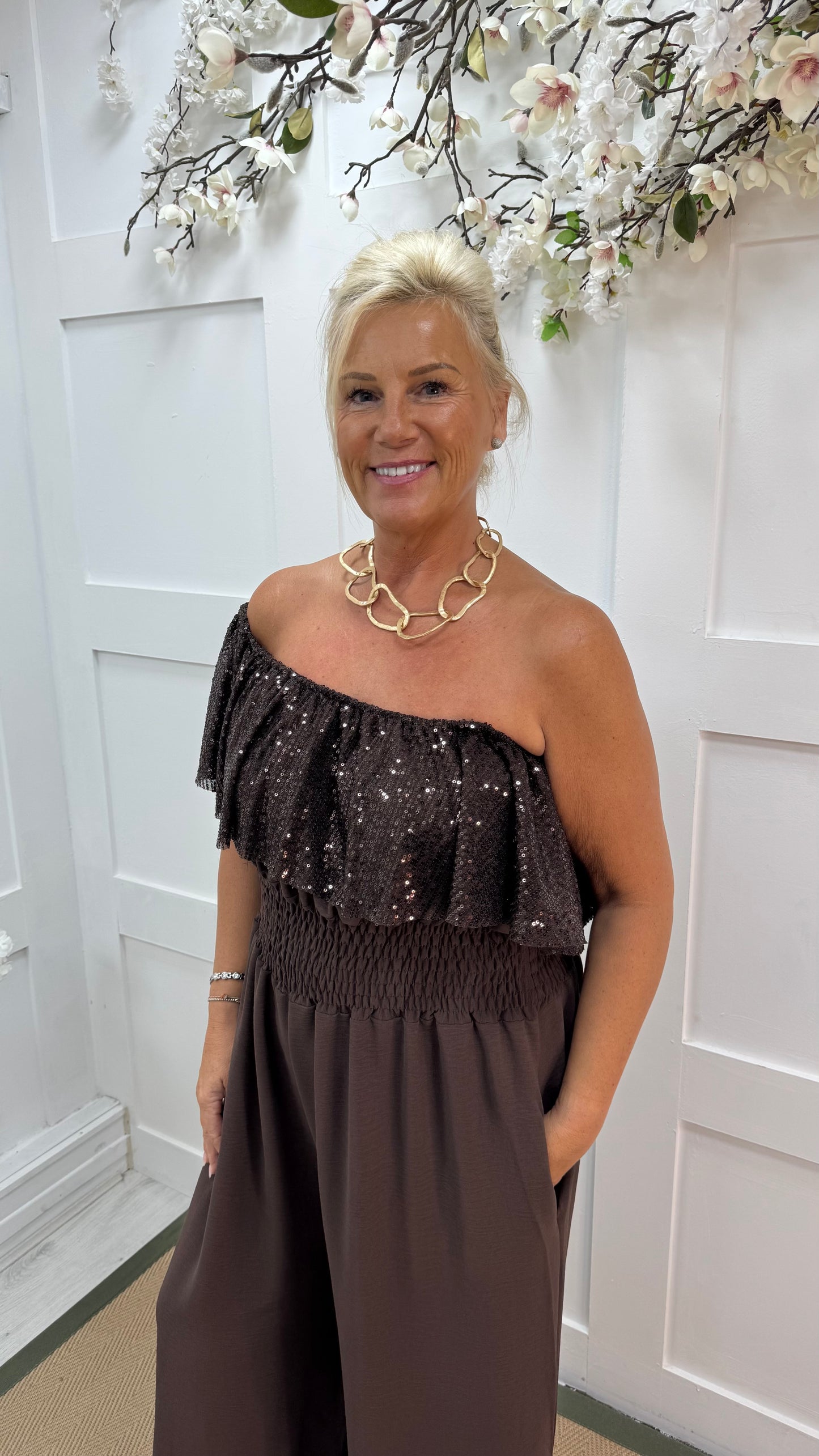 Salma: Brown sequin multiway wide leg jumpsuit. One size: 14-20