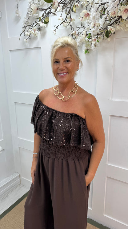 Salma: Brown sequin multiway wide leg jumpsuit. One size: 14-20