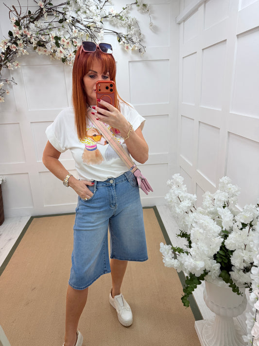 Dottie: Denim knee length shorts. 6 sizes.