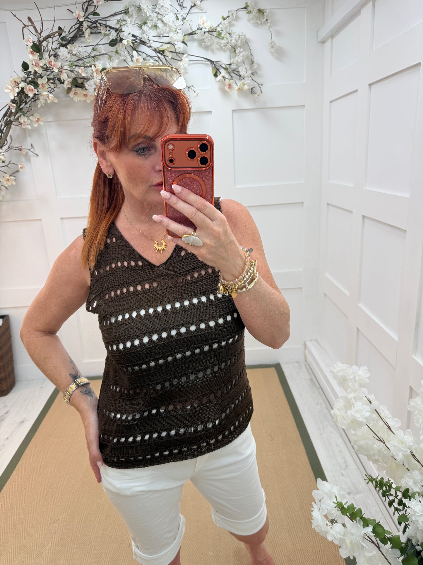 Harlow: Sleeveless holey top. One Sz: 10-16. 3 colours