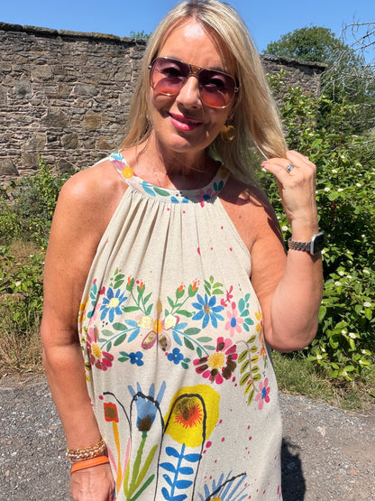 Paloma: Halter neck tropical print maxi dress. One size 12–18. 2 colours