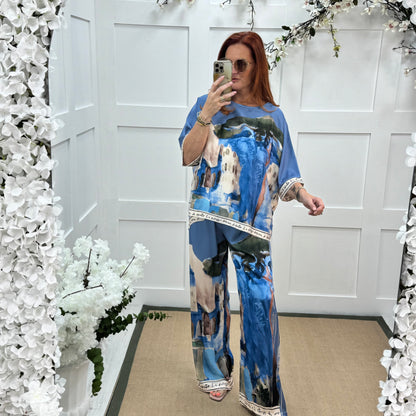 Sophia: Blue silk Amalfi wide leg trousers. One size: 10-16