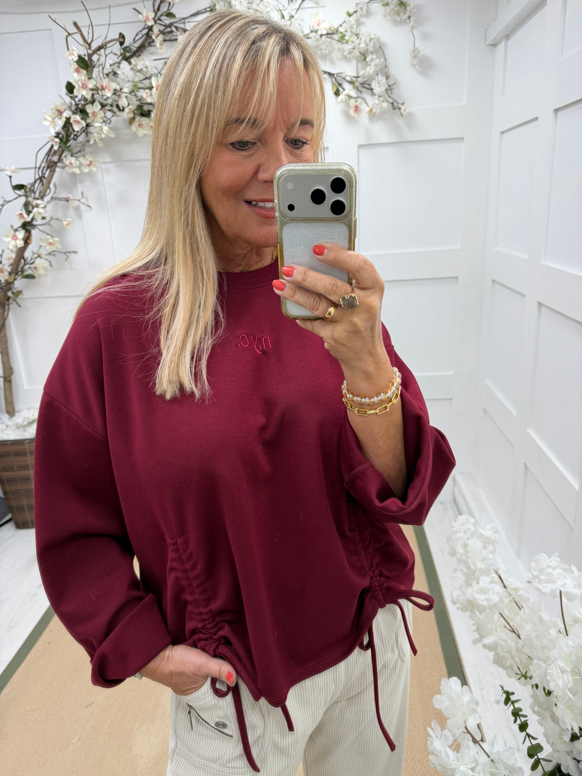 Nancy: NYC ruched sweatshirt. One size: 10-16. 3 colours