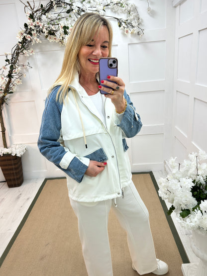 Piper: White contrast denim hooded jacket. 2 sizes.