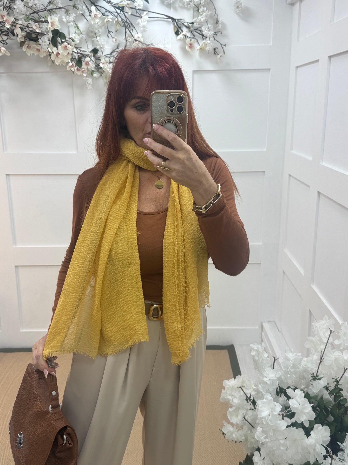 Tula: Yellow long frayed raw edge scarf. One size