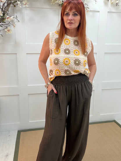 Lana: Brown wide leg linen trousers. One size: 10-18