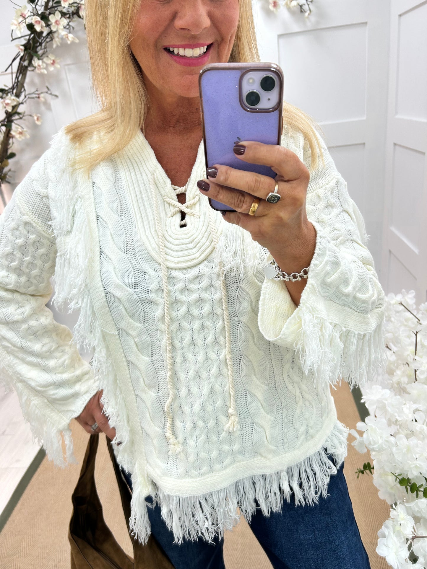 Azalea: Winter white boho knit jumper. One size: 14-20