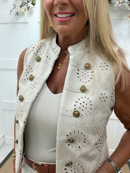 Brooklyn: Broderie anglaise military style waistcoat. One size: 8-14
