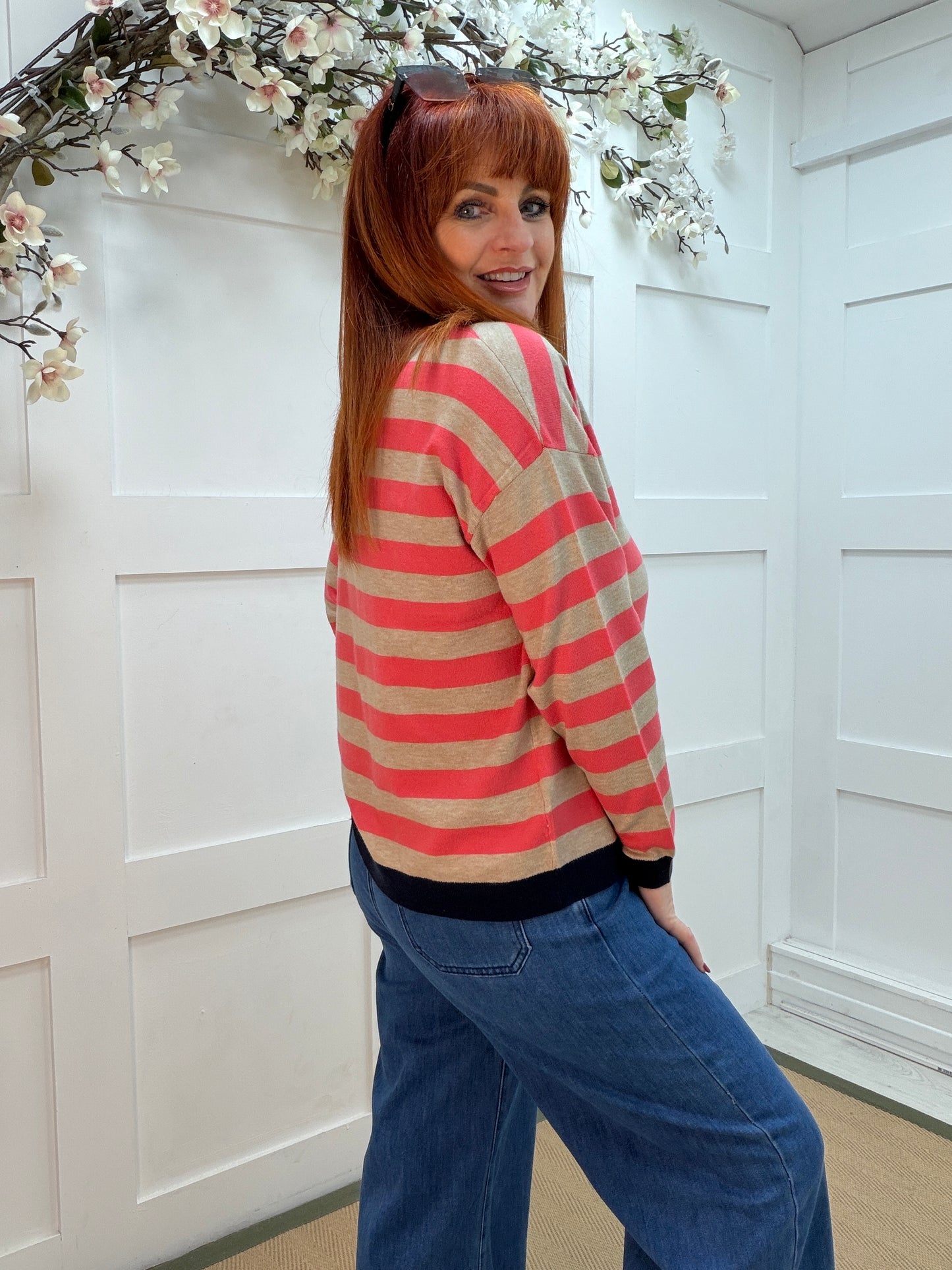 Solene: Coral & stone stripe long sleeve top. One size: 12-16