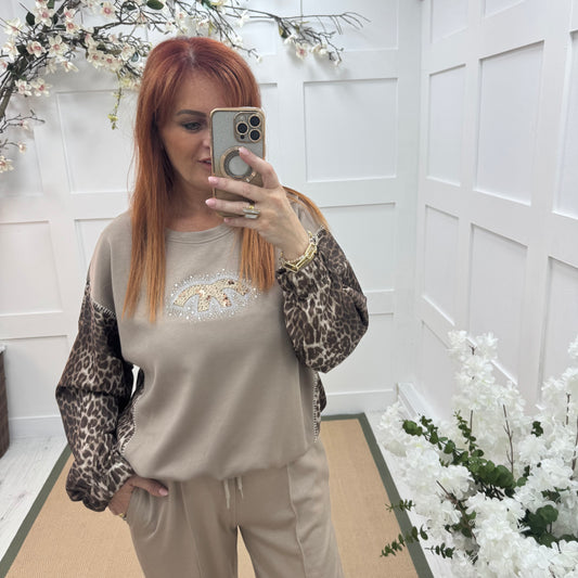 Maya: Taupe leopard print diamanté logo sweatshirt. One size: 14-18
