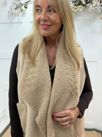 Wyatt: Beige boucle embroidered waistcoat. One size 14-20