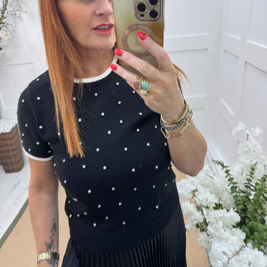 Noelle: Black stretchy knit rhinestone top. 2 sizes