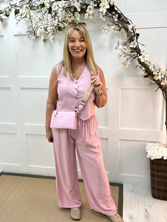 Cody: Pink waistcoat two piece trouser set. One size: 12-16
