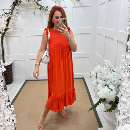 Cara: Orange shirred midi dress. One size 10-18
