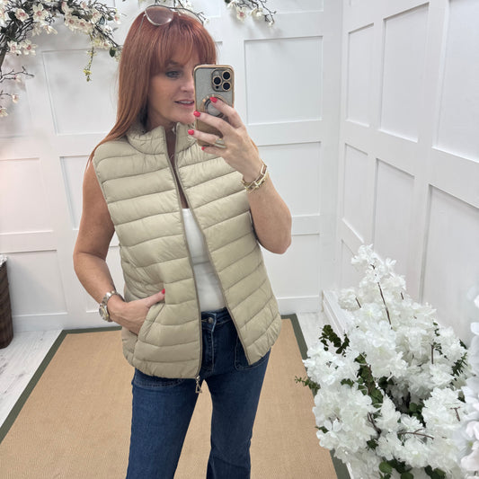 Izzy: Beige short padded gilet. 3 sizes