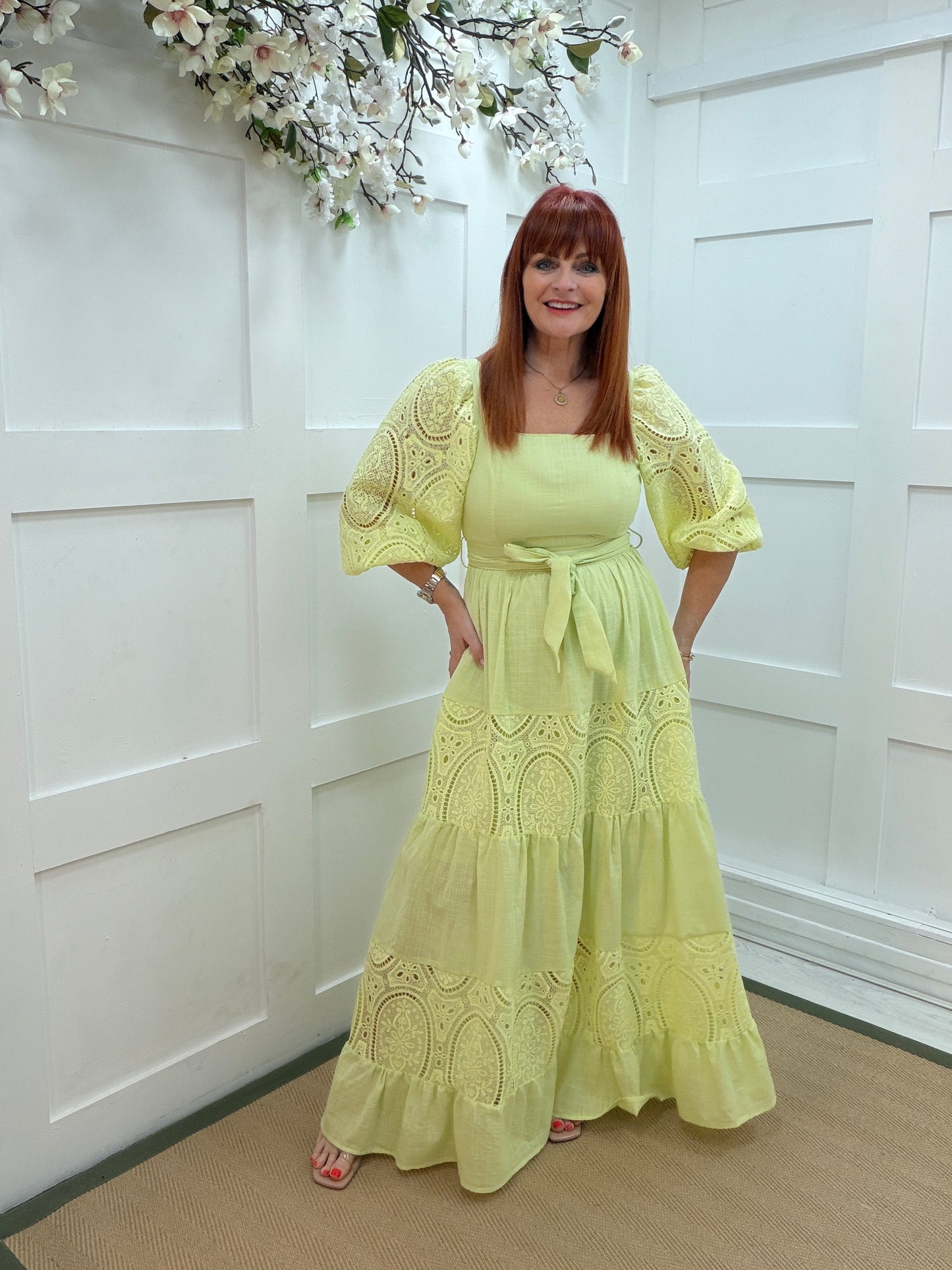 Belle: Apple green cotton Broderie Anglaise maxi dress. 3 sizes
