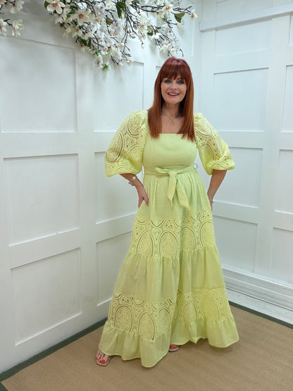 Belle: Apple green cotton Broderie Anglaise maxi dress. 3 sizes