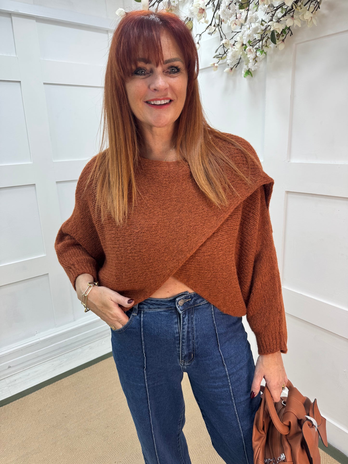 Willow: Burnt orange stretchy short wrap top. One size: 10-18