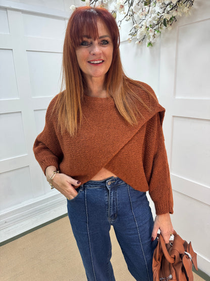 Willow: Burnt orange stretchy short wrap top. One size: 10-18