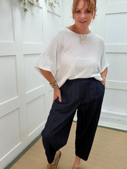 Roxy: Pinstripe barrel leg pocket trousers. One size: 10-18. 3 colours