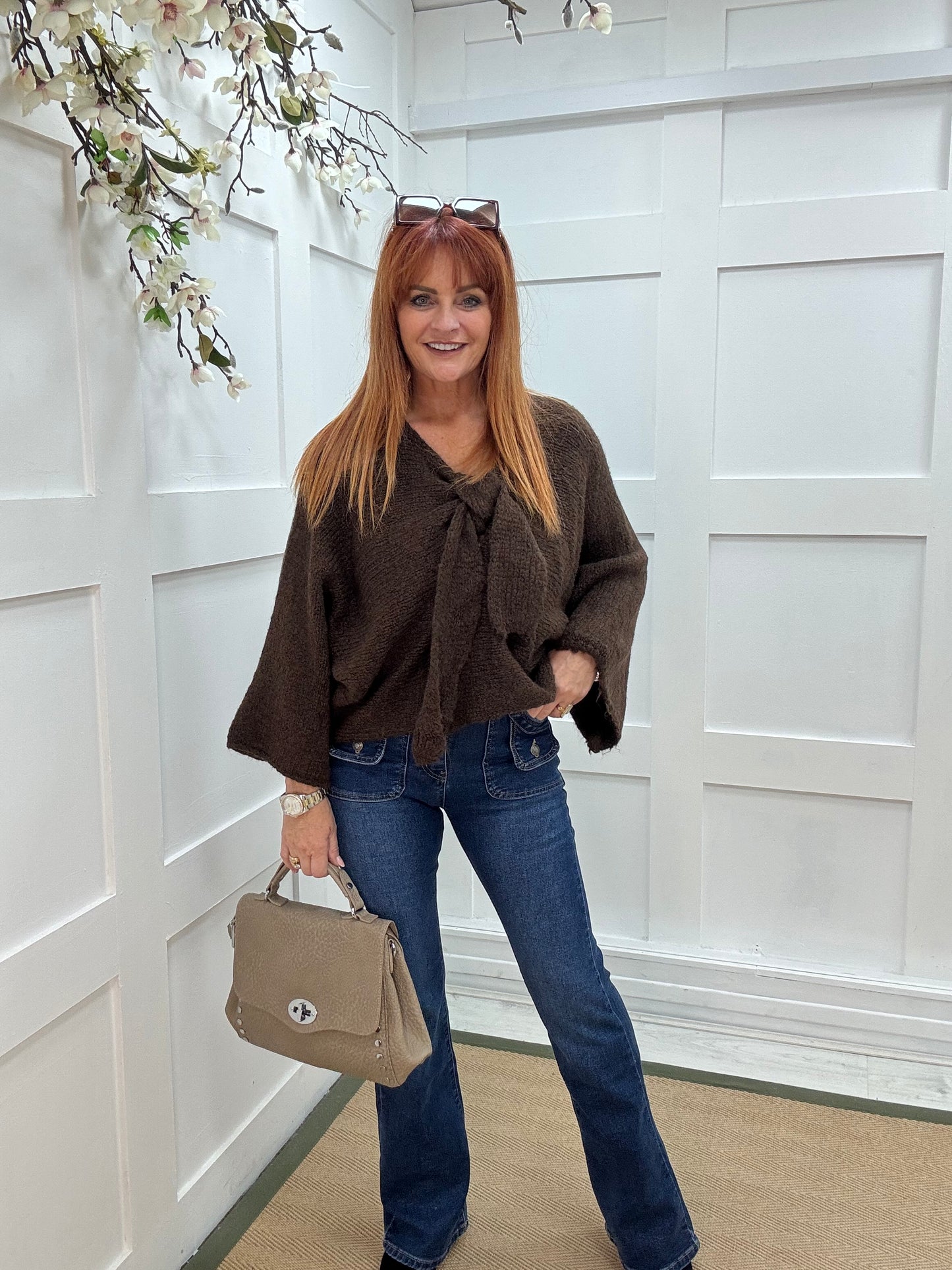 Bloom: Brown bow knitted jumper. One size: 12-18