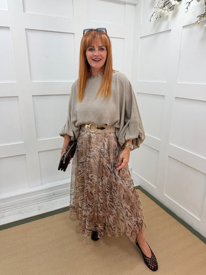 Zizi: Animal print lined tulle maxi skirt. One size: 10-18