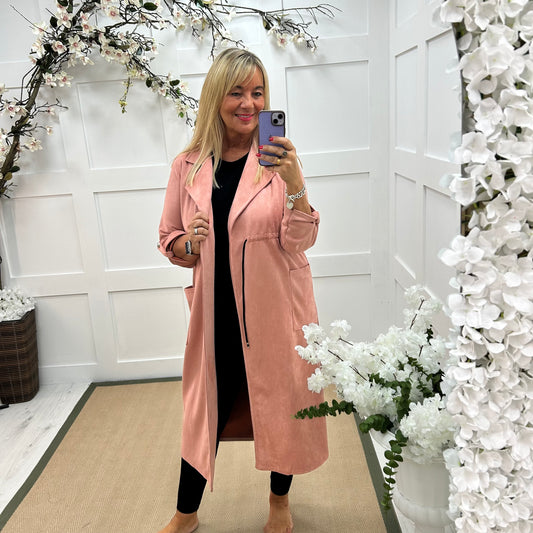 Marina: Pink long suedette trench coat. One size 12-18