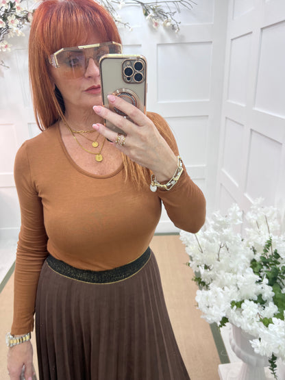 Bessie: Tan basic long sleeve top. One size: 10-16/18