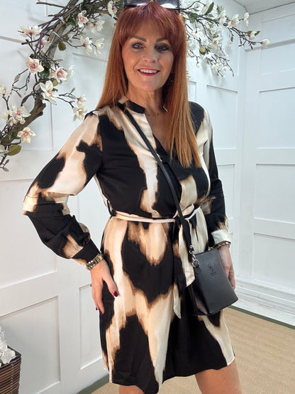 Lana: Black & cream print belted shirt dress.