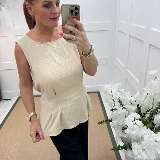 Maisie: Cream tie waist peplum top. One size: 14-18
