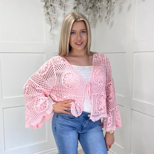 Sara: Pink crochet tie waistcoat. One size: 8-16