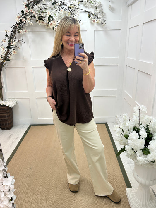 Abbie: Brown V neck button top. One size: 14-20