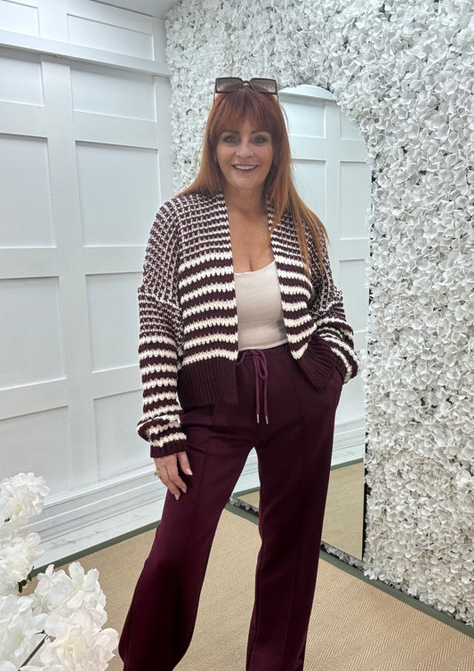 Mel: Burgundy & cream knitted cardigan. One size: 12-18