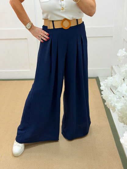 Gia: Navy wide leg belted trousers. One size: 10-16