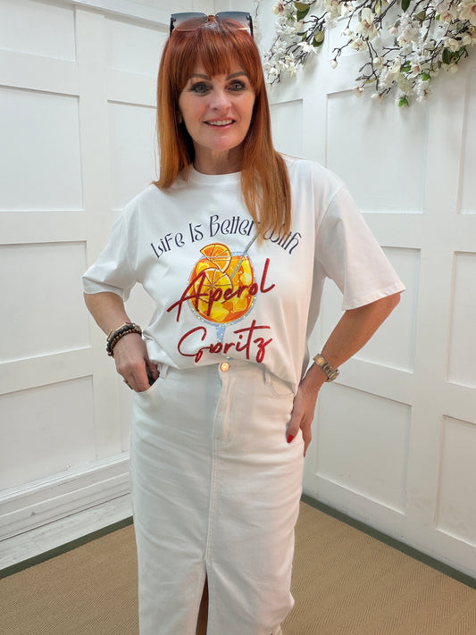 Anita: White “ Aperol spritz” T shirt. One size: 12-18