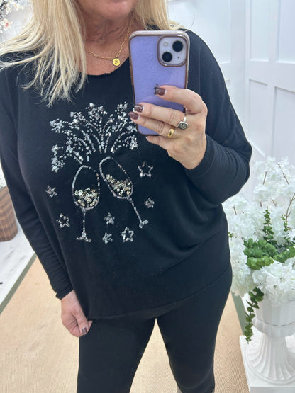 Cynthia: Black and gold wine glass sequin top. One size: 14-18