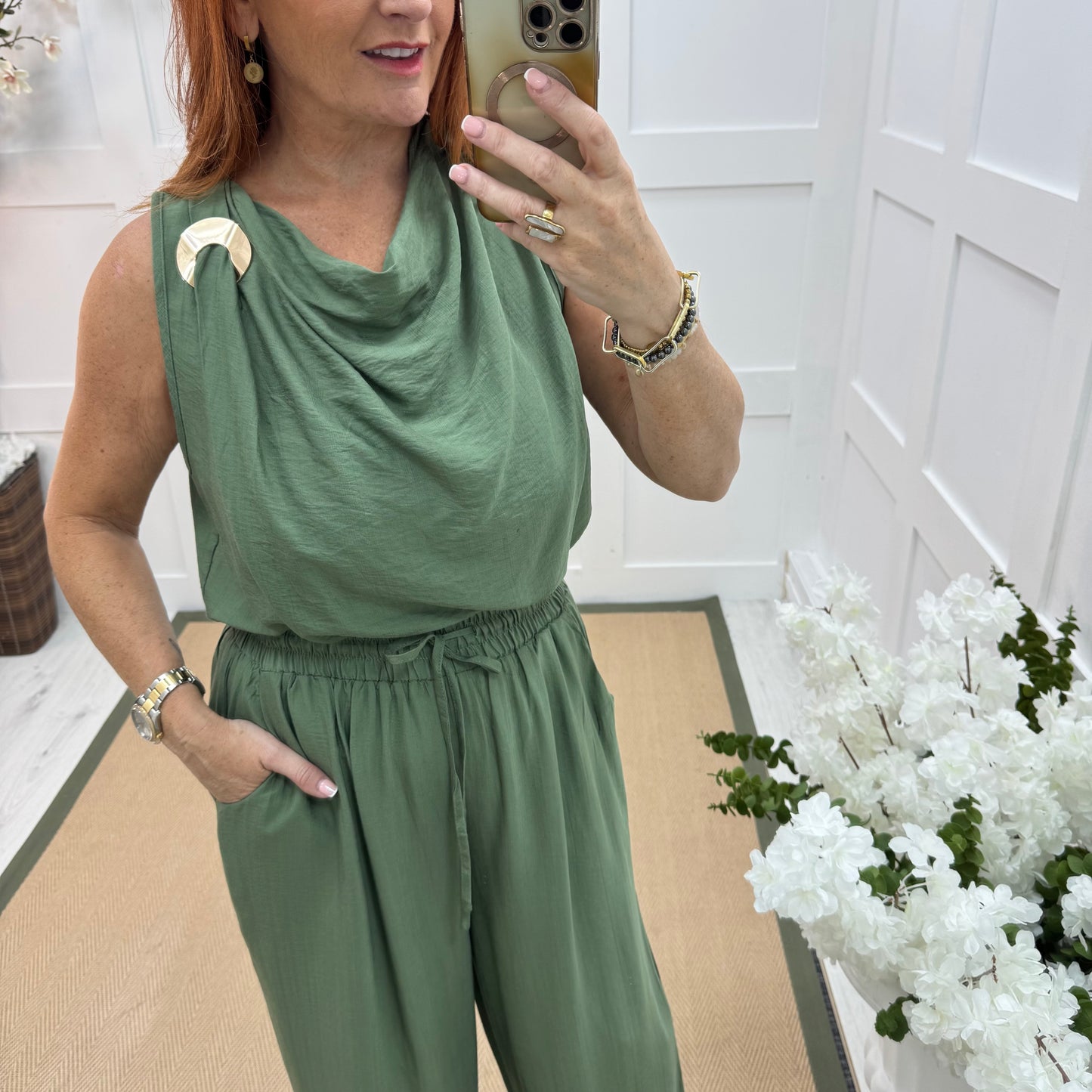Melissa: Green cowl neck top & trouser co-ord set. One size: 12-18
