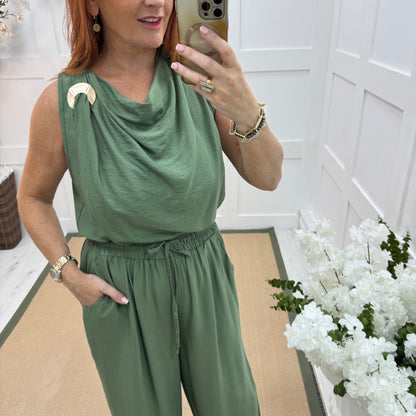 Melissa: Green cowl neck top & trouser co-ord set. One size: 12-18