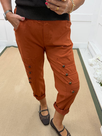 Mika: Stretchy military button detail magic trousers. One size 14-18. 3 colours