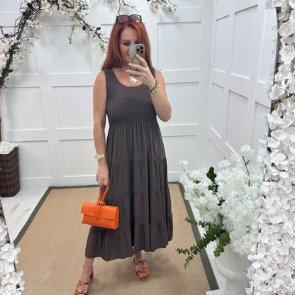 Melody: Brown shirred midi dress. One size: 12-18