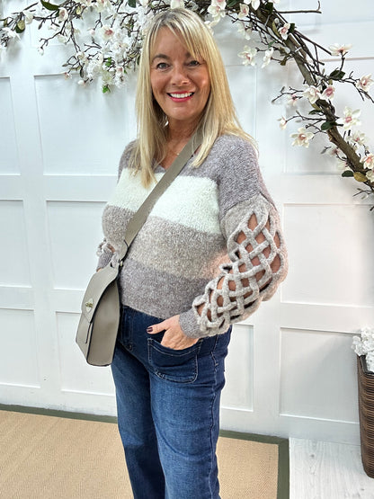 Florri: Mocha stripe lattice-sleeve knit. One size 12-18